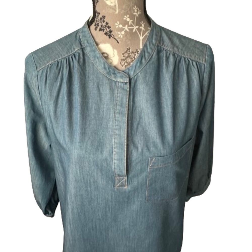 Pleione Women's Small Blue Denim 3/4 Sleeves Pull Over Blouse Tunic Shirt Top - Picture 2 of 16